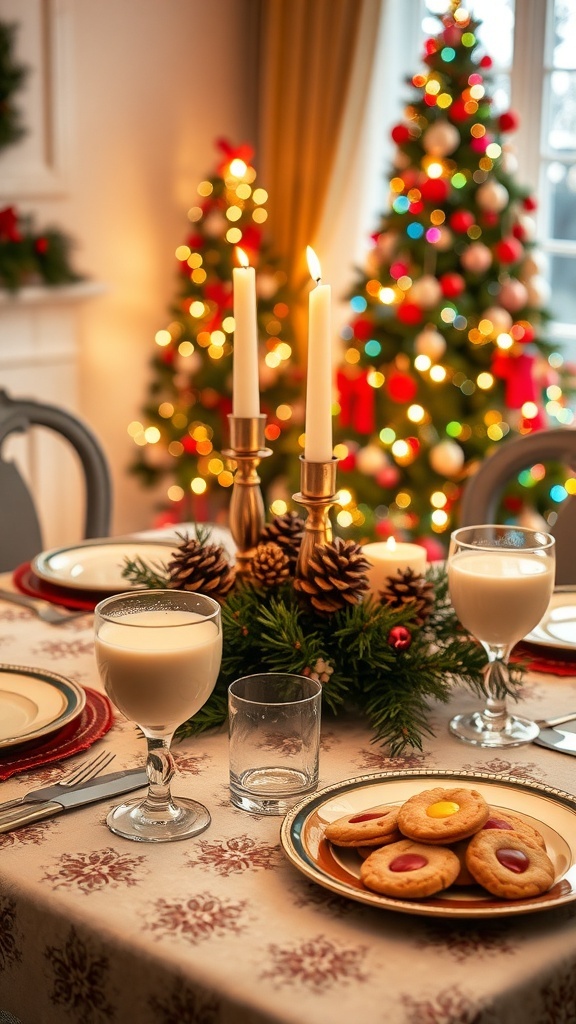 A festive Christmas Eve dining table with decorations, dinnerware, and a glowing Christmas tree.
